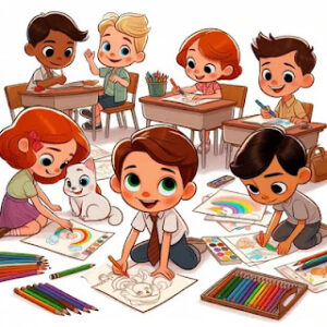 Niños y niñas en el aula coloreando dibujos